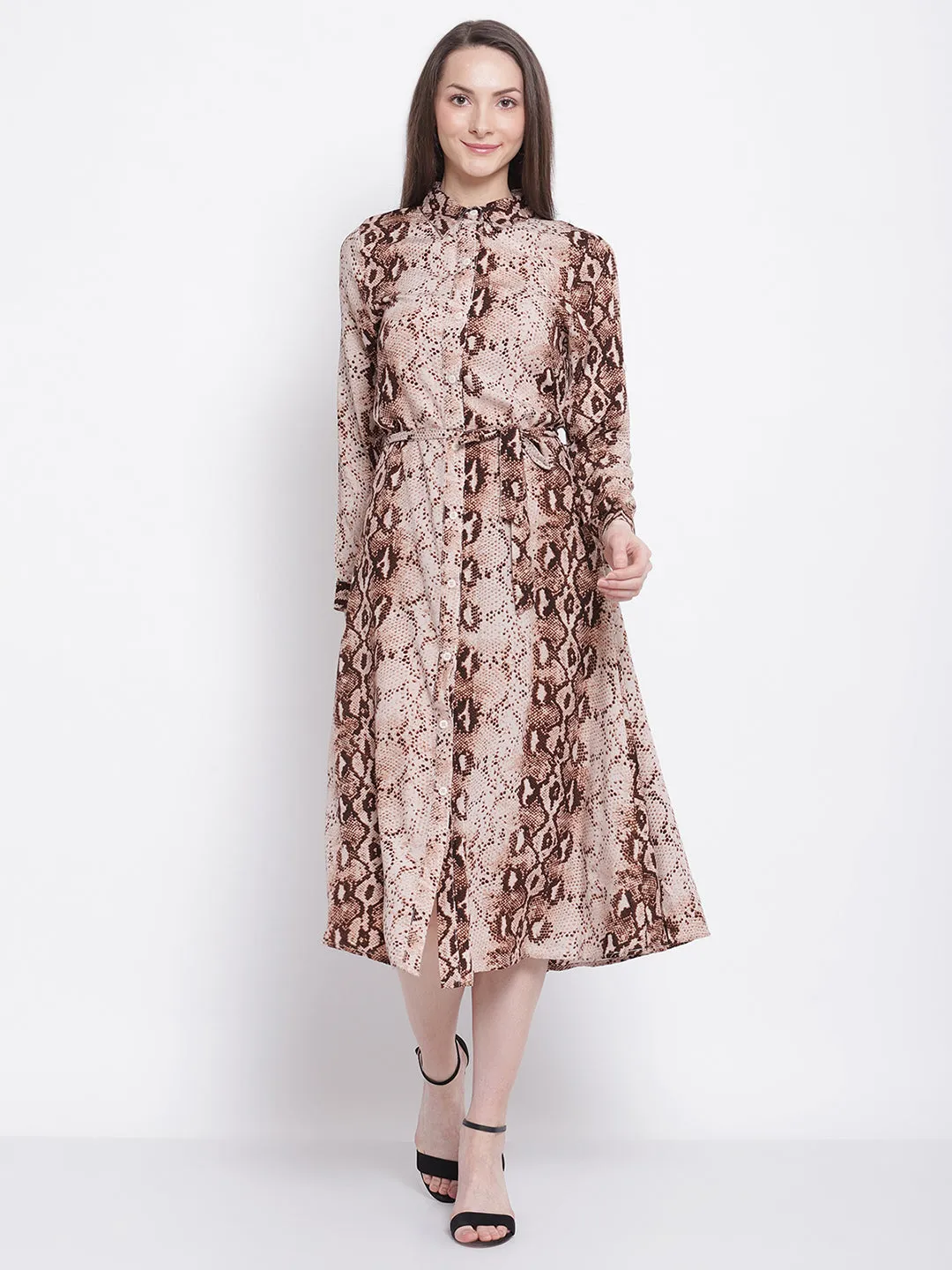 Women White & Brownish Print Cobray Snake Print Knee Length Dress