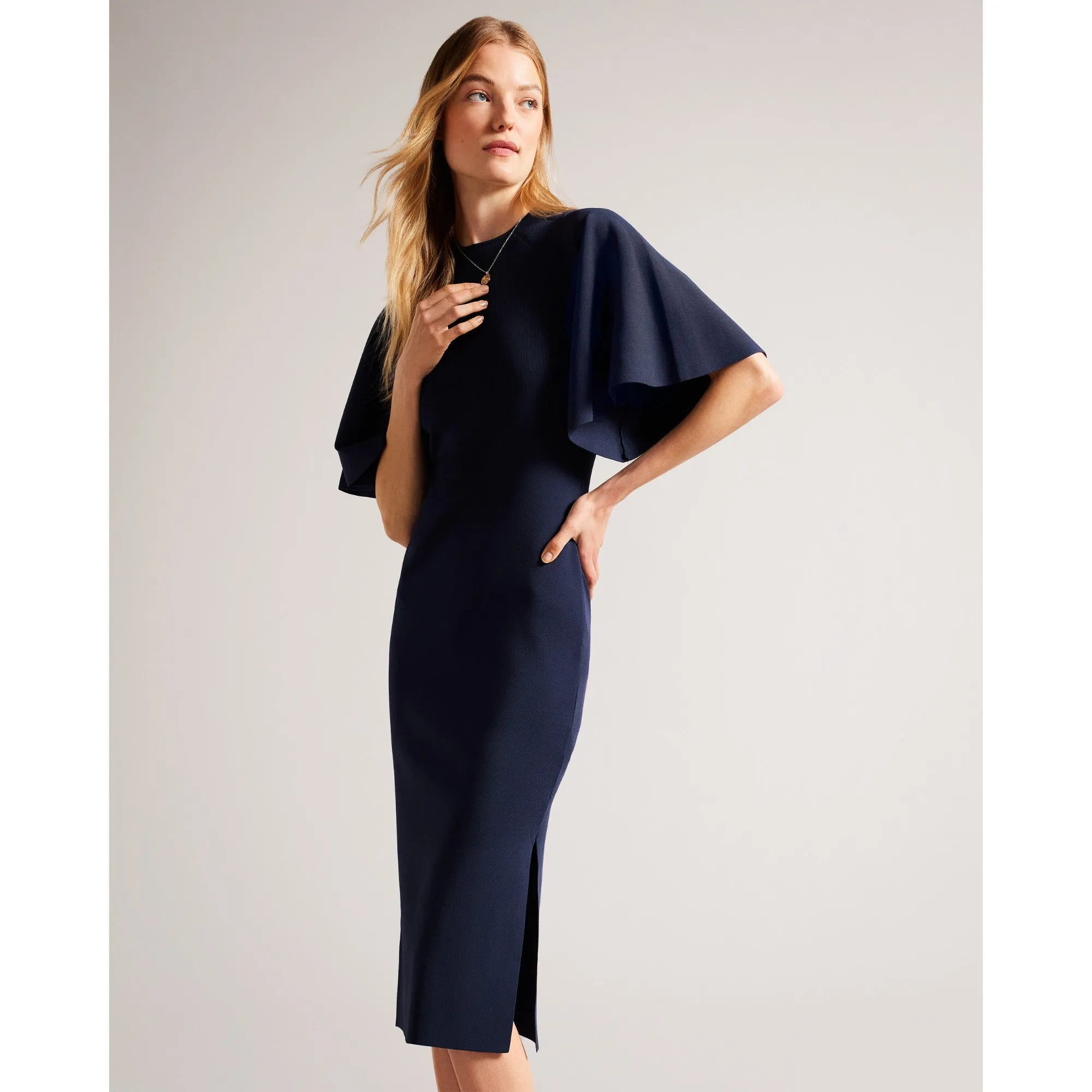 Women Wmd-Lounia-Fluted Sleeve Knitted Bodycon Midi Dress - Dk-Blue