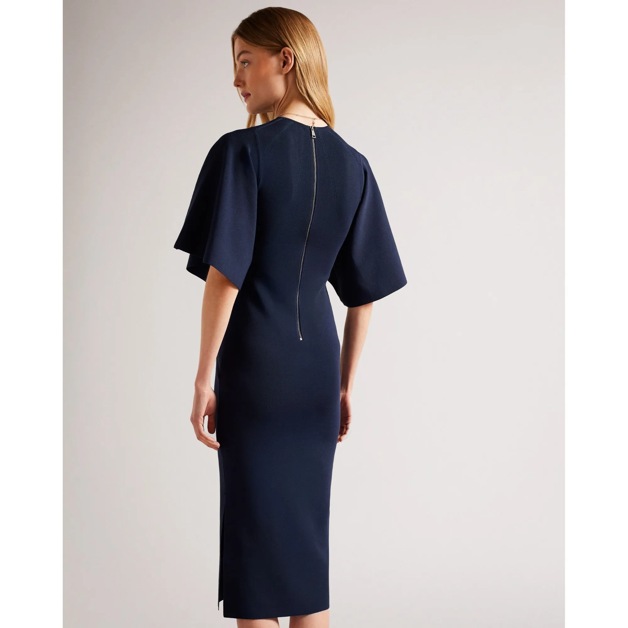 Women Wmd-Lounia-Fluted Sleeve Knitted Bodycon Midi Dress - Dk-Blue