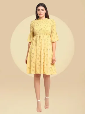 Women Yellow Floral Printed Half Sleeve  Beads Knee Length Dress