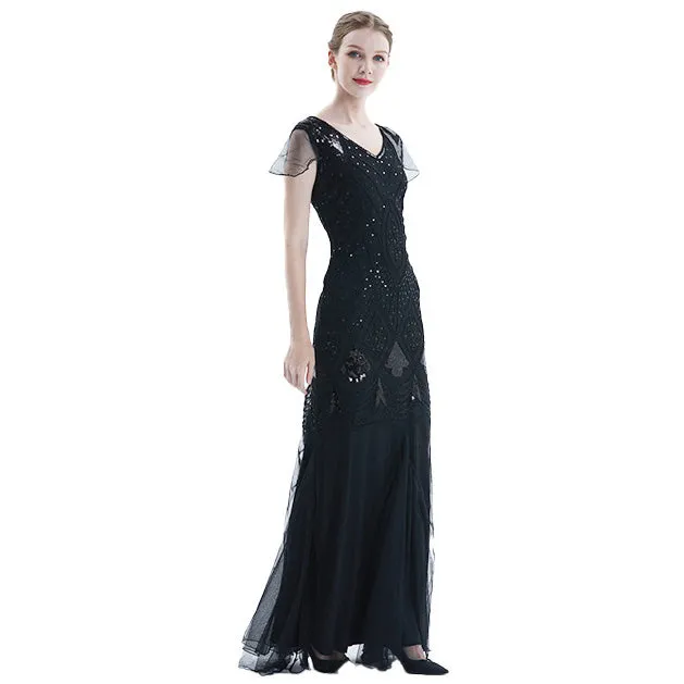 Women’s 1920s Vintage Sequins Fringe Long Gatsby Flapper Gown Party Cocktail Dresses