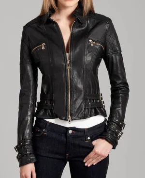 Women's Buckle Style Leather Jacket