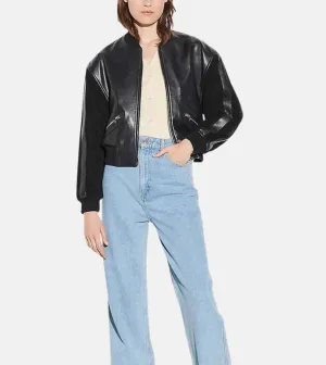 Women's Sheeny Black Leather Bomber Jacket