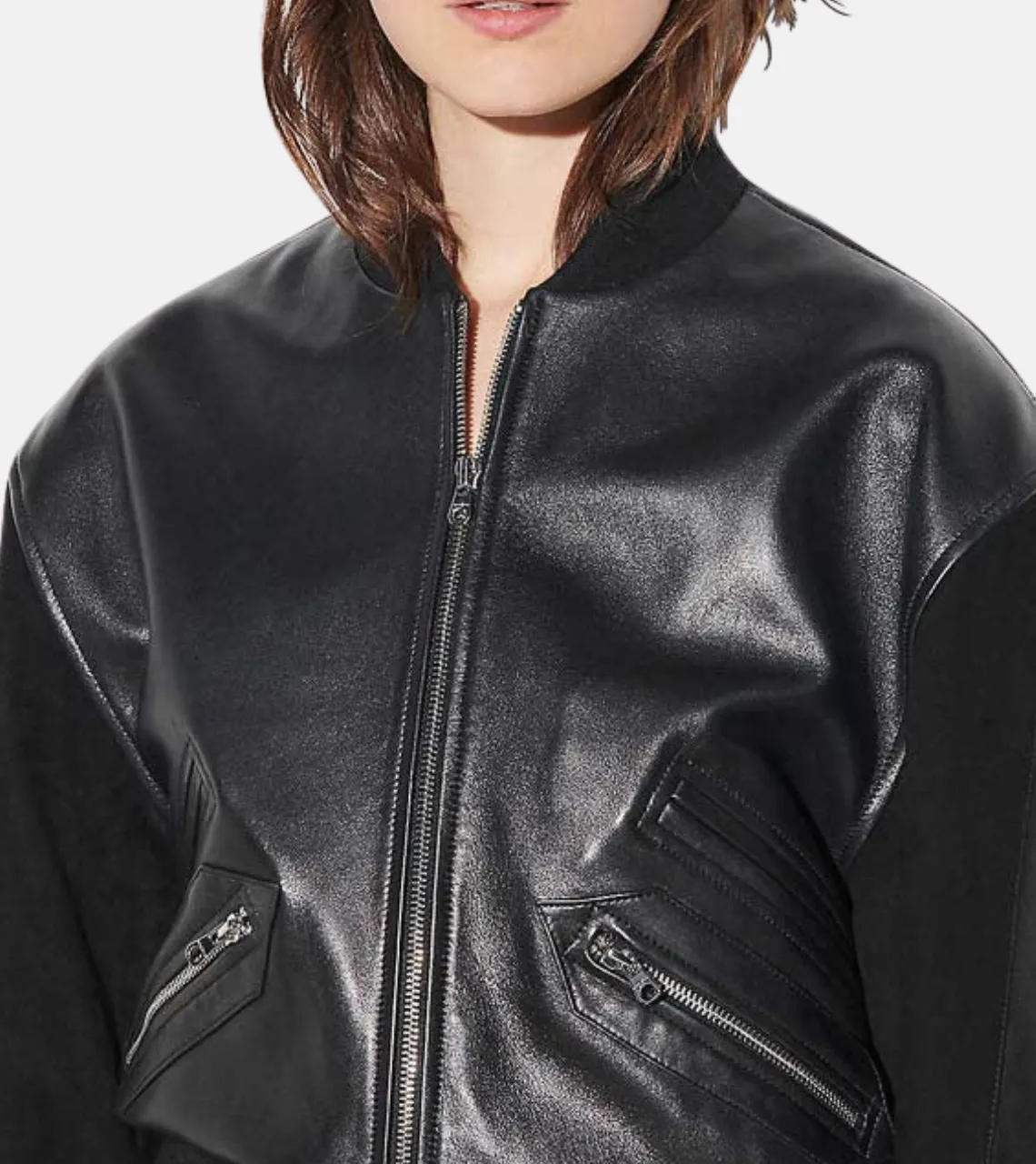 Women's Sheeny Black Leather Bomber Jacket