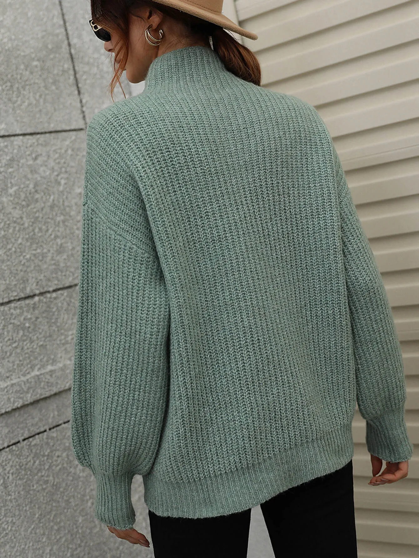 Woven Right High Neck Balloon Sleeve Rib-Knit Pullover Sweater