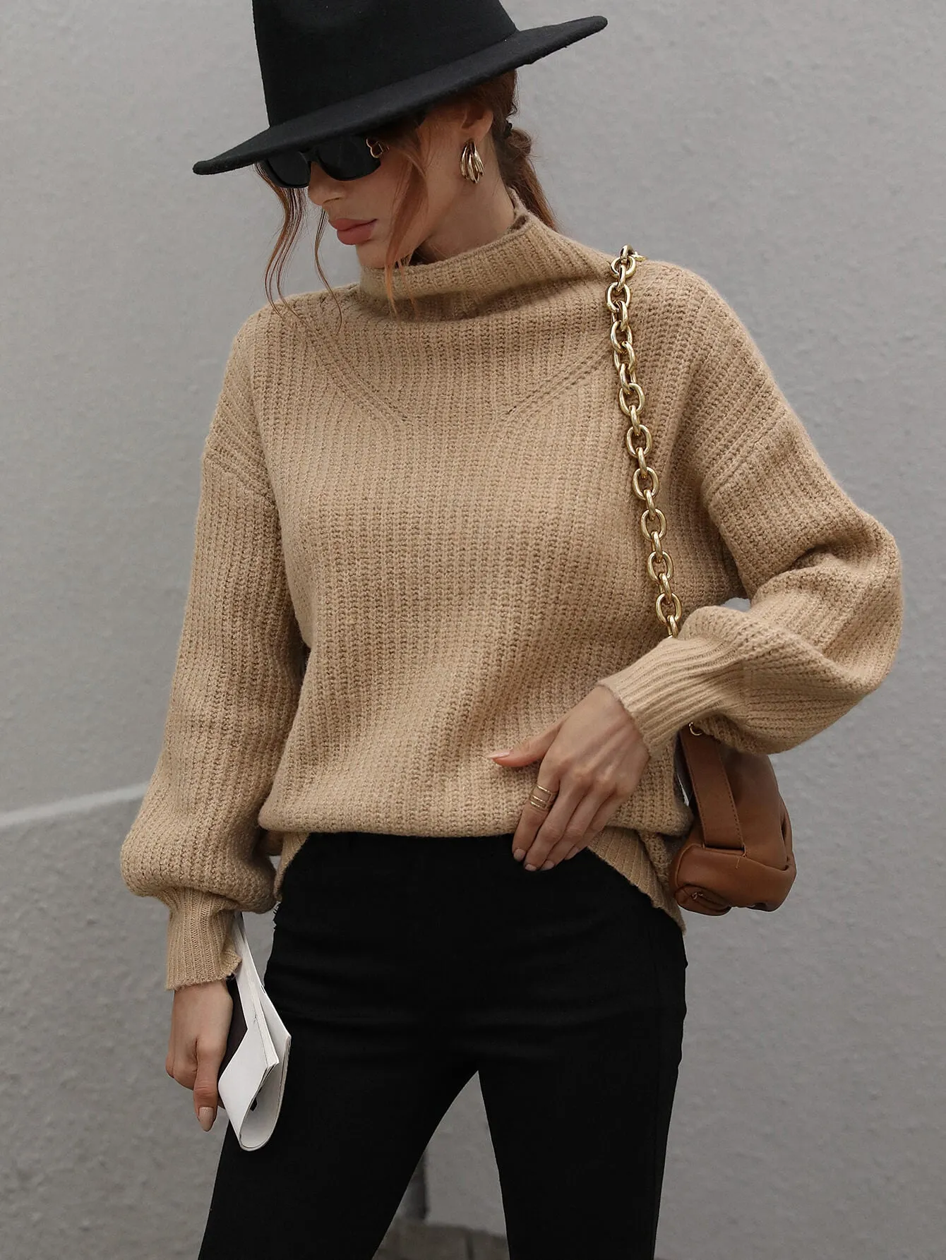 Woven Right High Neck Balloon Sleeve Rib-Knit Pullover Sweater