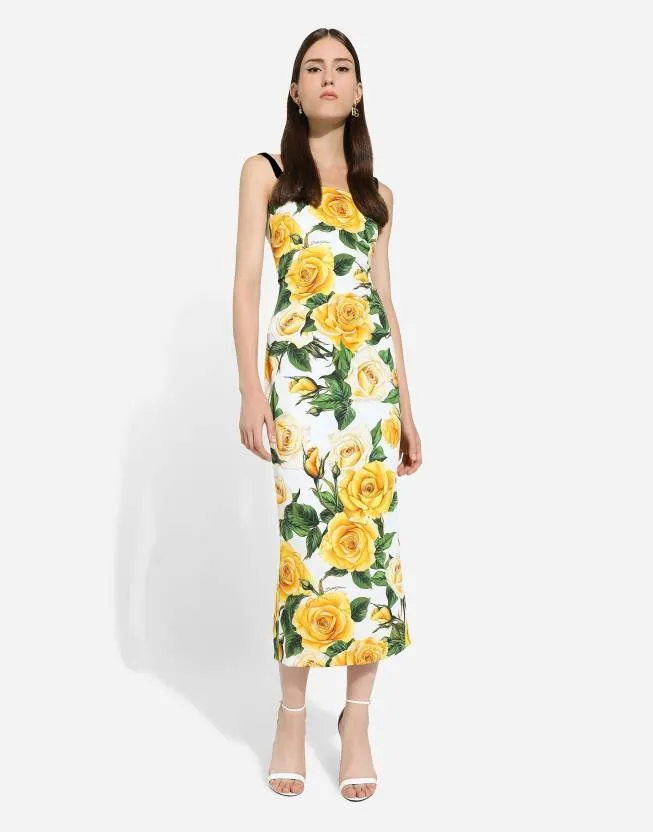 Yellow and White Printed Sleeveless Bodycon Midi Dress