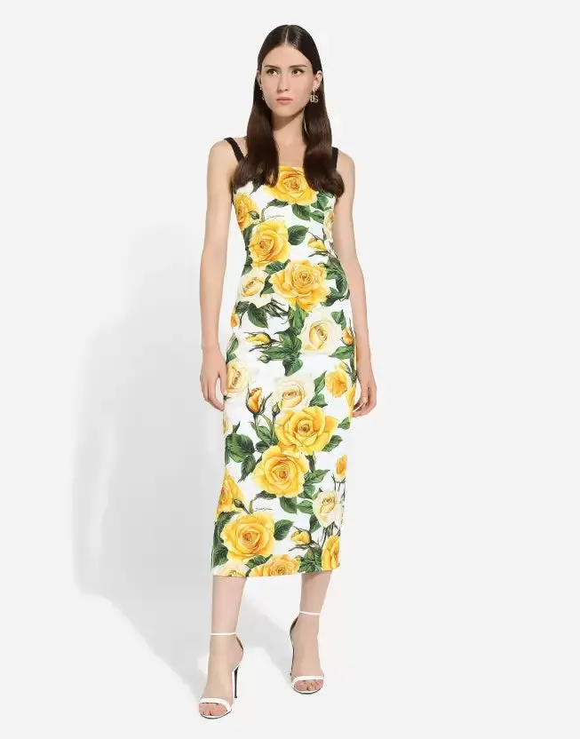 Yellow and White Printed Sleeveless Bodycon Midi Dress