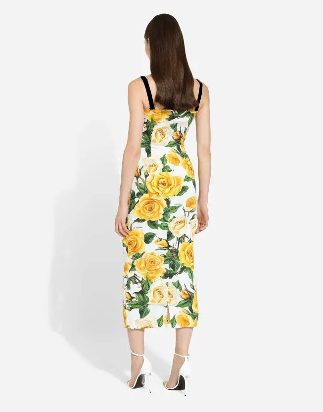 Yellow and White Printed Sleeveless Bodycon Midi Dress