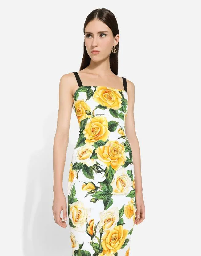 Yellow and White Printed Sleeveless Bodycon Midi Dress