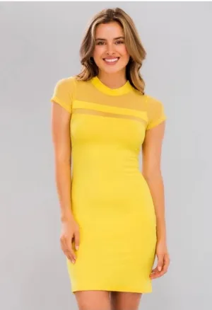 Yellow Meshed Mock Neck Bodycon Dress