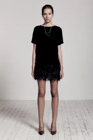 Yve Silk Tee Dress with Black Ostrich Feathers  - SAMPLE